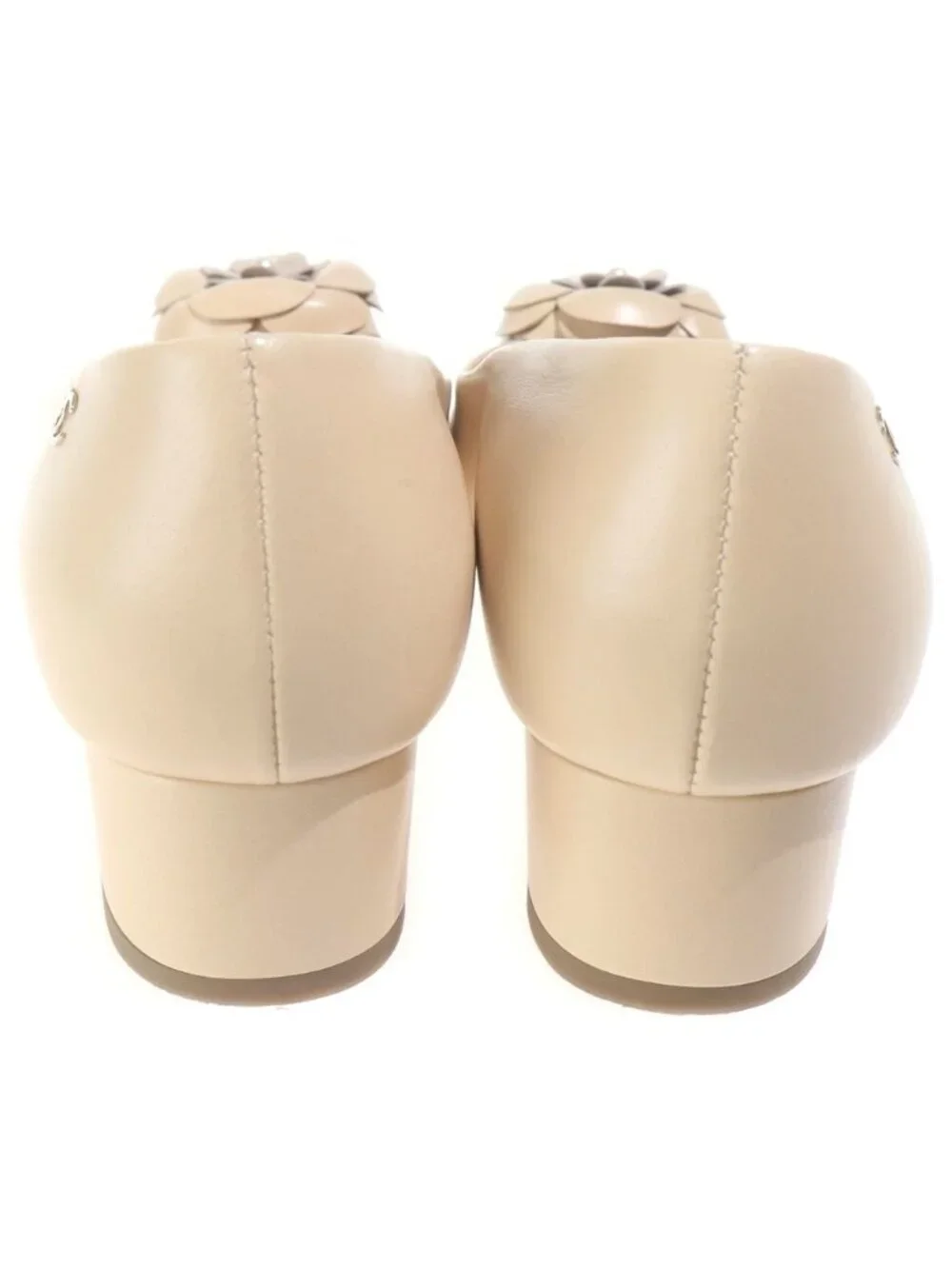 Chanel CC Logo Camellia Leather Pumps Beige Heel